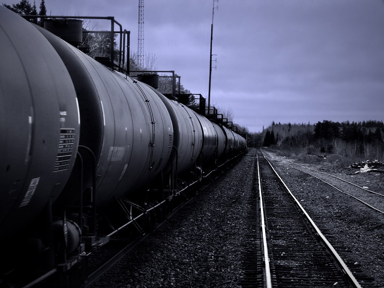 Freight train on tracks in rural landscape.