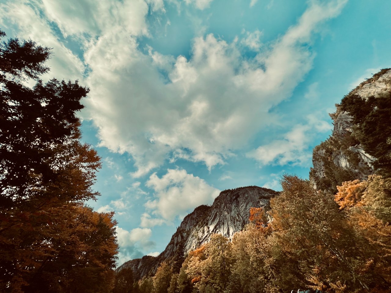 Mountain landscape with autumn trees and a cloudy blue sky.
