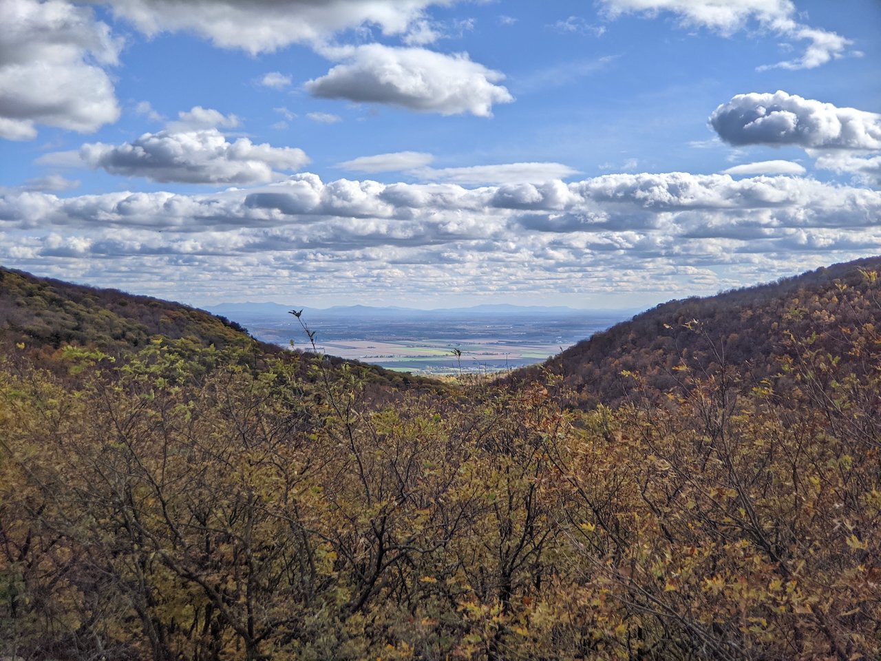 Scenic mountain view with cloudy sky and autumn foliage.