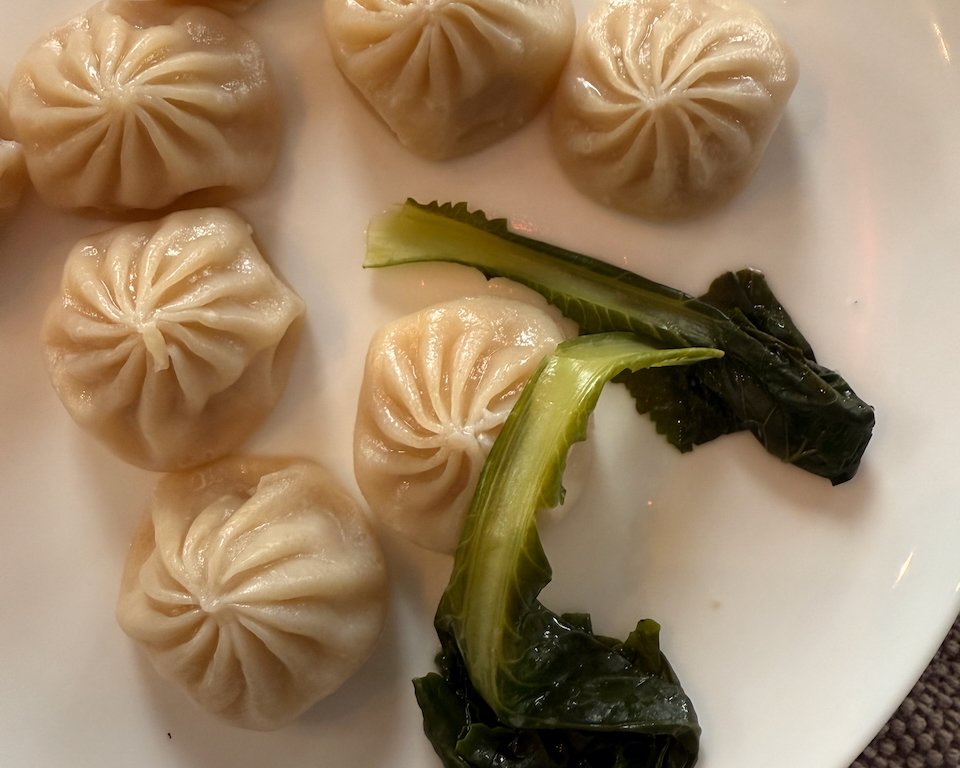 Steamed dumplings with greens on white plate