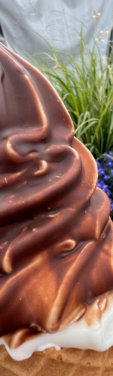 Chocolate dipped vanilla soft serve ice cream cone held near flower pots