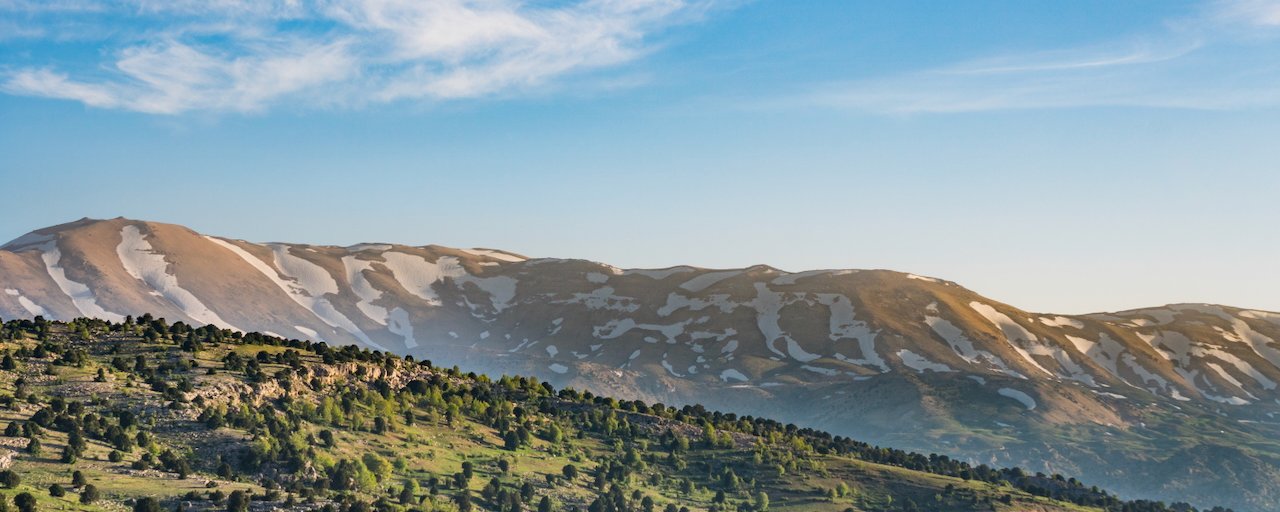 Cedar-covered mountain with snow patches and green rolling hills